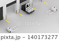 Autonomous pallet jacks with boxes delivering them into the warehouse gates, loopable 3d render 140173277