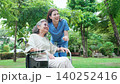 Caucasian female caregiver encouraging senior patient on wheelchair in garden. 140252416