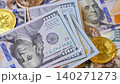 Background with US Dollar and Euro bills, BTC bitcoins rotating 140271273