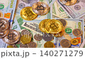 Background with US Dollar and Euro bills, BTC bitcoins rotating 140271279