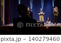 Director observing actors rehearsing on a dimly lit theater stage from the audience seats 140279460