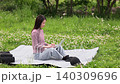 A woman sitting on a picnic blanket outdoors, looking at her laptop. 140309696
