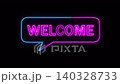 Glowing neon welcome sign animation in a speech bubble with pink and blue lights 140328733