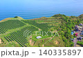 從空中俯瞰北海道室蘭市的太陽能發電廠和太平洋；初夏時節，伊坦基鬱鬱蔥蔥的山丘和再生能源設施。 140335897