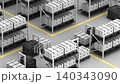 Animation of many autonomous forklifts moving between warehouse shelves and passing each other. 140343090