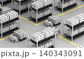 Animation of many autonomous pallet jacks moving between warehouse shelves and passing each other, 3d render 140343091