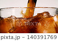 Slow motion closeup pouring cola with ice cubes and bubbles, soft drink texture 140391769