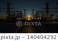 High Voltage Electrical Substation at Sunset - Power Grid Infrastructure with Energy Flow Visualization 140404292