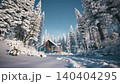 Snow Covered Wooden Cabin in Winter Pine Forest - Realistic Alpine Animation. Wooden village rural house. Winter forest in mountains. Winter landscape with wooden house 140404295