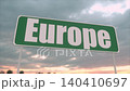 Green Europe Road Sign Against Dramatic Cloudy Sunset Sky 140410697