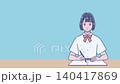 An anime-style female student studying at a desk, troubled/worried. 140417869