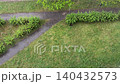 View from above from the balcony of a rainstorm on a path in a park surrounded by lush grass and shrubs, a landscape of rainy summer weather. 140432573