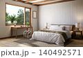 Cozy bedroom interior featuring a comfortable bed with nature view 3d animation render 140492571