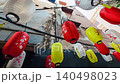Looking Up motion under Colorful chinese Lanterns in Narrow Alley. Asian Street Culture decoration 140498023