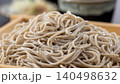 A close-up of cold soba noodles, conveying the texture of Japanese cuisine. 140498632