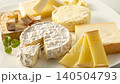 A platter of several types of cheese, including Camembert, arranged on a white plate. 140504793