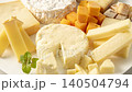 A platter of several types of cheese, including Camembert, arranged on a white plate. 140504794