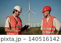 Two engineers in safety vests discuss wind energy project at turbine field. Specialist reviews clipboard while colleague listens during renewable power site inspection 140516142