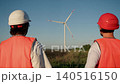 Senior engineer in white helmet and field worker in red hard hat inspect wind farm approach area and coordinate scheduled maintenance tasks for renewable energy system. Orange safety vests, turbine 140516150