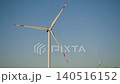 Close up of wind turbine with blades turning under clear sky. Modern renewable energy concept highlighted. 140516152
