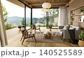 Spacious and airy living room interior with glass doors opening onto a wide wooden deck with a stunning panoramic mountain view 3d animation render. 140525589