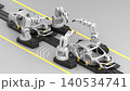 Automotive manufacturing concept. Stylized 3D animation of welding robots on an assembly line working on a car frame. 140534741