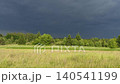 Dramatic Storm Clouds Over Green Forest and Wild Grass Field. Beautiful summer landscape with dark grey sky and bright sunlight on trees. Scenic nature background before the rain in countryside 140541199