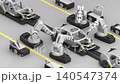 Assembly line concept. Stylized 3D animation of robots with suction function picking up a car door and installing it on the frame, then welding it in place 140547374