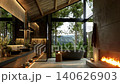 Luxury bathroom interior with large windows overlooking a scenic mountain forest view. 3d animation render. 140626903