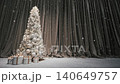 Elegant White Christmas Tree with Gifts and Falling Snow Indoors 140649757