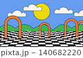 Cartoon abstract background of shapes with checkered field, clouds and arches. Looping animation. 140682220