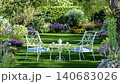 Romantic garden seating area with elegant white metal chairs and tea table 3d animation render 140683026