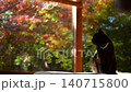 A black cat leisurely enjoying the autumn foliage in the garden, while a tabby cat busily passes by. 140715800