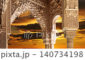 Arches in Islamic (Moorish)  style (against the sunset) in Alhambra, Granada, Spain. 4K, time lapse  140734198
