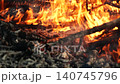 Closeup burning campfire, fire flames on wood logs and tree branches in forest 140745796