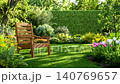 Peaceful backyard garden with a wooden bench and colorful flowers, 3d animation render 140769657