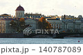 Russia, St.Petersburg, Old stock exchange building, pleasure boats in the Neva River at sunset, the drawbridge Palace, the cabinet of curiosities Museum, Rostral columns, shipyards 140787089