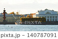 Russia, St.Petersburg, Old stock exchange building, pleasure boats in the Neva River at sunset, the drawbridge Palace, the cabinet of curiosities Museum, Rostral columns, shipyards 140787091