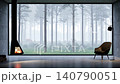 3d animation render of a modern luxury living room with panoramic glass wall overlooking a misty pine forest 140790051
