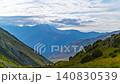 Time lapse of clouds moving above mountain valley in Kyrgyzstan. Sun rays illuminate layered ridges, green slopes, and a small rural settlement on the valley floor. 140830539