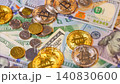 Background with US Dollar and Euro bills, BTC bitcoins rotating 140830600