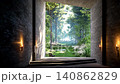 3d animation render of a minimalist concrete interior opening to a lush forest garden with soft sunlight 140862829