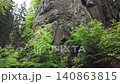 Walking through a forest trail in Hruba Skala, Bohemian Paradise (Cesky raj), Czech Republic. Towering sandstone rock formations line the path in one of the country's most popular hiking destinations. 140863815