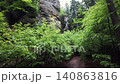 Walking through a forest trail in Hruba Skala, Bohemian Paradise (Cesky raj), Czech Republic. Towering sandstone rock formations line the path in one of the country's most popular hiking destinations. 140863816