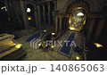 gilded corridor leading toward inner sanctum and statues, blue runners framing ceremonial path, polished marble floors reflecting warm lamps and ornate reliefs, 140865063