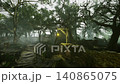 Twisted trees reach toward a foggy sky as a wooden lantern flickers softly. A narrow path winds through the mystical landscape, inviting wanderers into an enchanted realm at dusk. 140865075