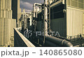 Rooftop utility lines beside historic towers, metal pipes and vents contrasted with stone facades, layered urban textures and evening light 140865080
