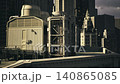 Panoramic rooftop mechanicals with towering city forms beyond, repeated housings and piping form rhythmic pattern, cooltoned palette and sharp edges emphasize 140865085