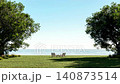 3d animation render of a peaceful seaside lawn with wooden chairs overlooking the calm ocean 140873514