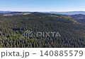 Aerial evergreen plateau with layered ridges expansive tree cover distant meadows clear sky calm midday drone 140885579